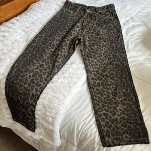 leopard Print Straight Leg Jeans High Rise Neutral Denim